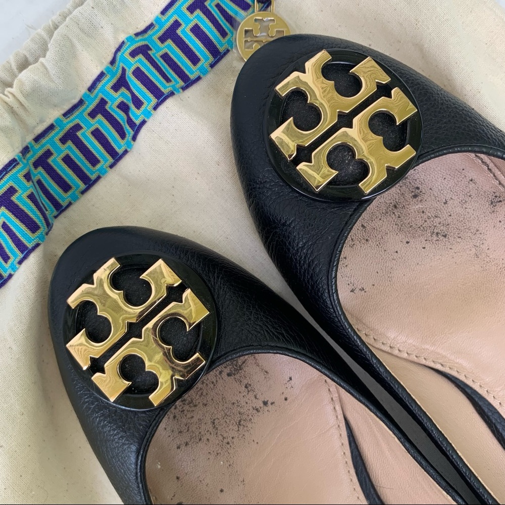 Tory Burch Claire Black & Gold Ballerina Flats 7 - Picture 12 of 13